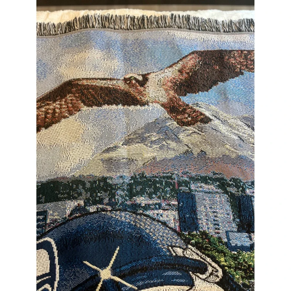 PNW Seattle Seahawks Woven Tapestry Throw Blanket Space Needle Mt Rainier SODO